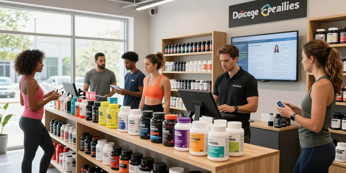 Consumers exploring quality products at Driada Medical Shop, showcasing anabolic supplements and wellness items in a vibrant fitness retail environment.