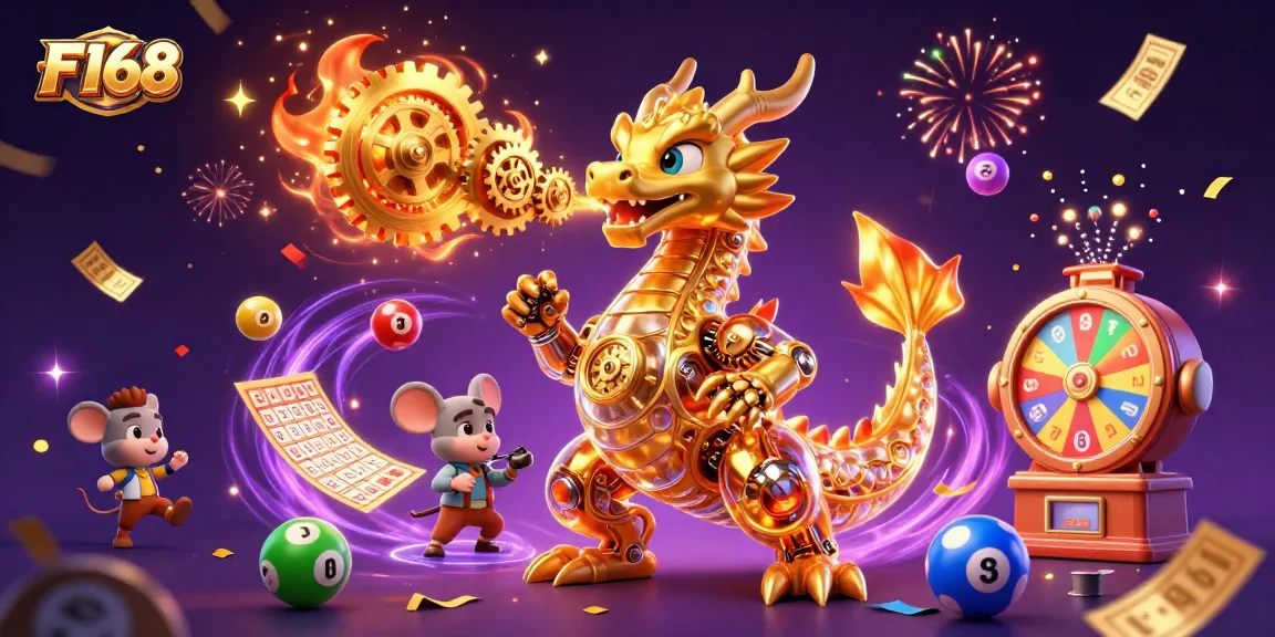 Experience thrilling gameplay with F168's dynamic gambling scene interacting with colorful elements and a gold dragon.