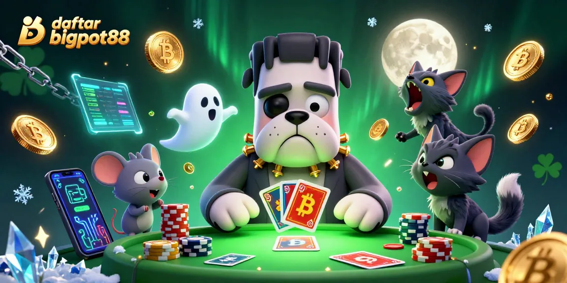 Engage with daftar bigpot88 while the Frankenstein bulldog deals cards on a spooky casino table.