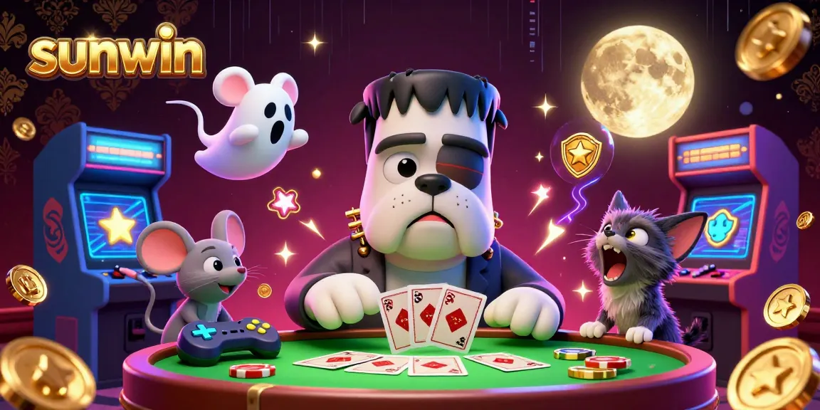 Play at sunwin with a 3D cartoon Frankenstein bulldog dealing cards at a spooky table, accompanied by magical elements.